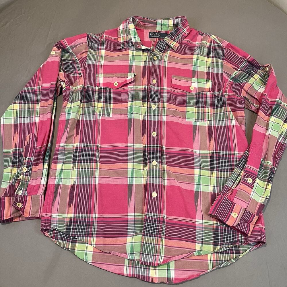 Polo Ralph Lauren Plaid Large Madras Southwest Aztec Roll Sleeve Button Shirt